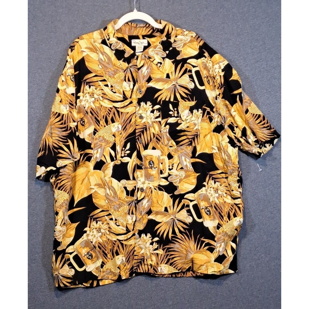 Panama Jack Mens XXL‎ Tropical Parrot Beer Rayon Hawaiian Shirt Black Gold